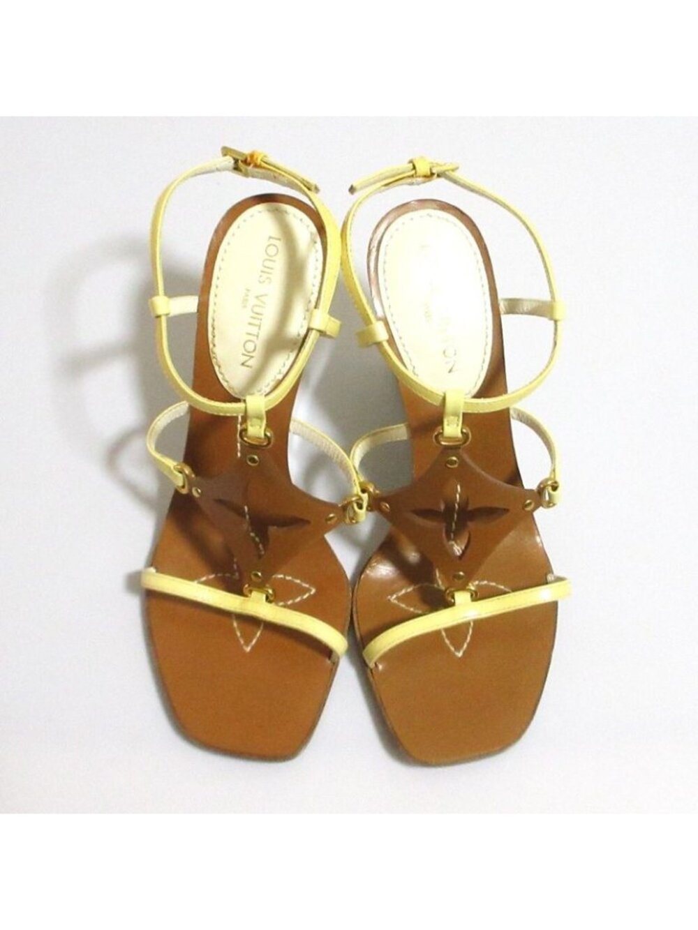 Louis Vuitton Monogram Strap Wedge Sole Sandals 35.5 Brown White - Picture 4 of 15